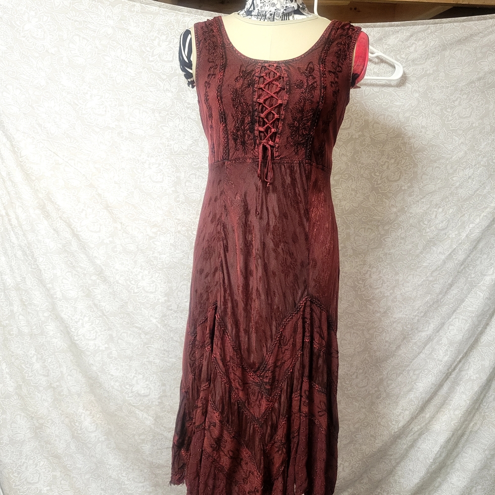red burgundy deep red vintage boho goth dress midi lace up